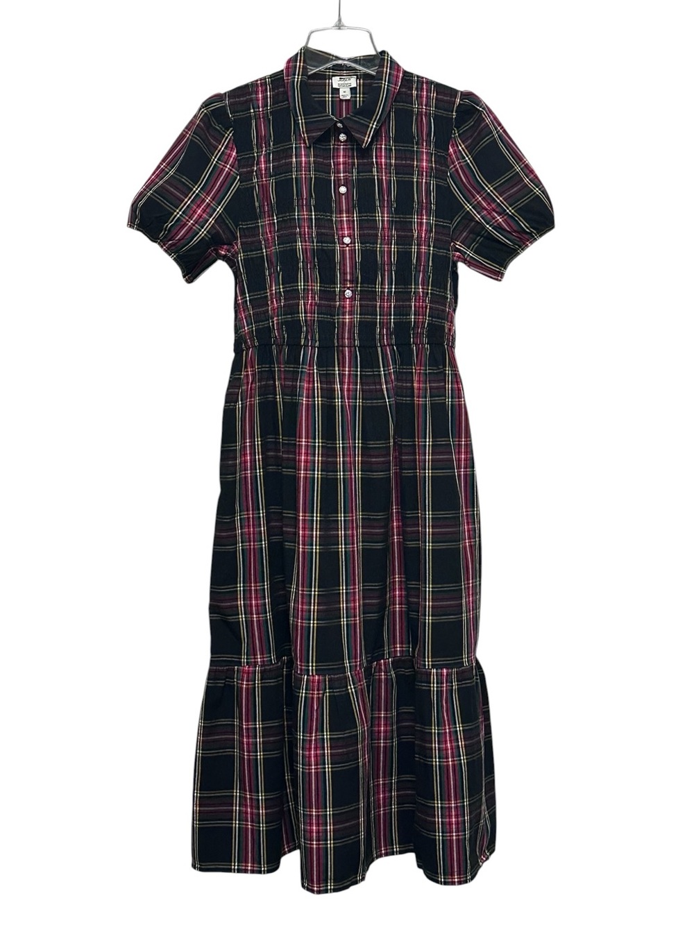 J. Crew Factory Tartan Plaid Smocked Midi Shirt-dress Tiered Puff Sleeve Medium